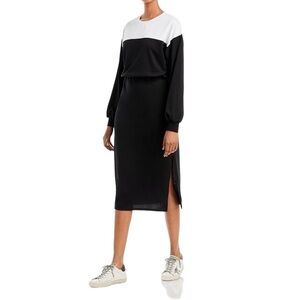 Aqua womens jersey midi dress XS casual black white long sleeve cinched waist